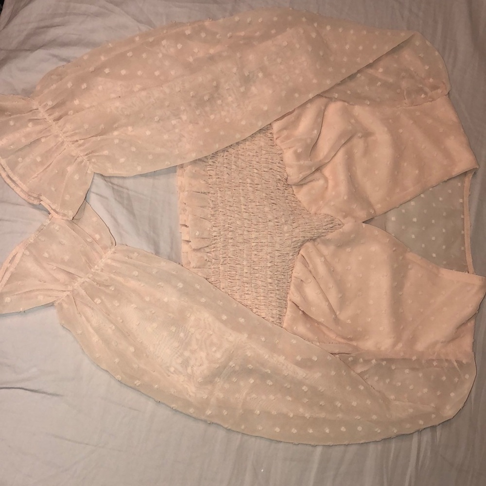 Women's Swiss Dots V Neck Shirred Ruffle Trim Long Sleeve Crop Blouse Top